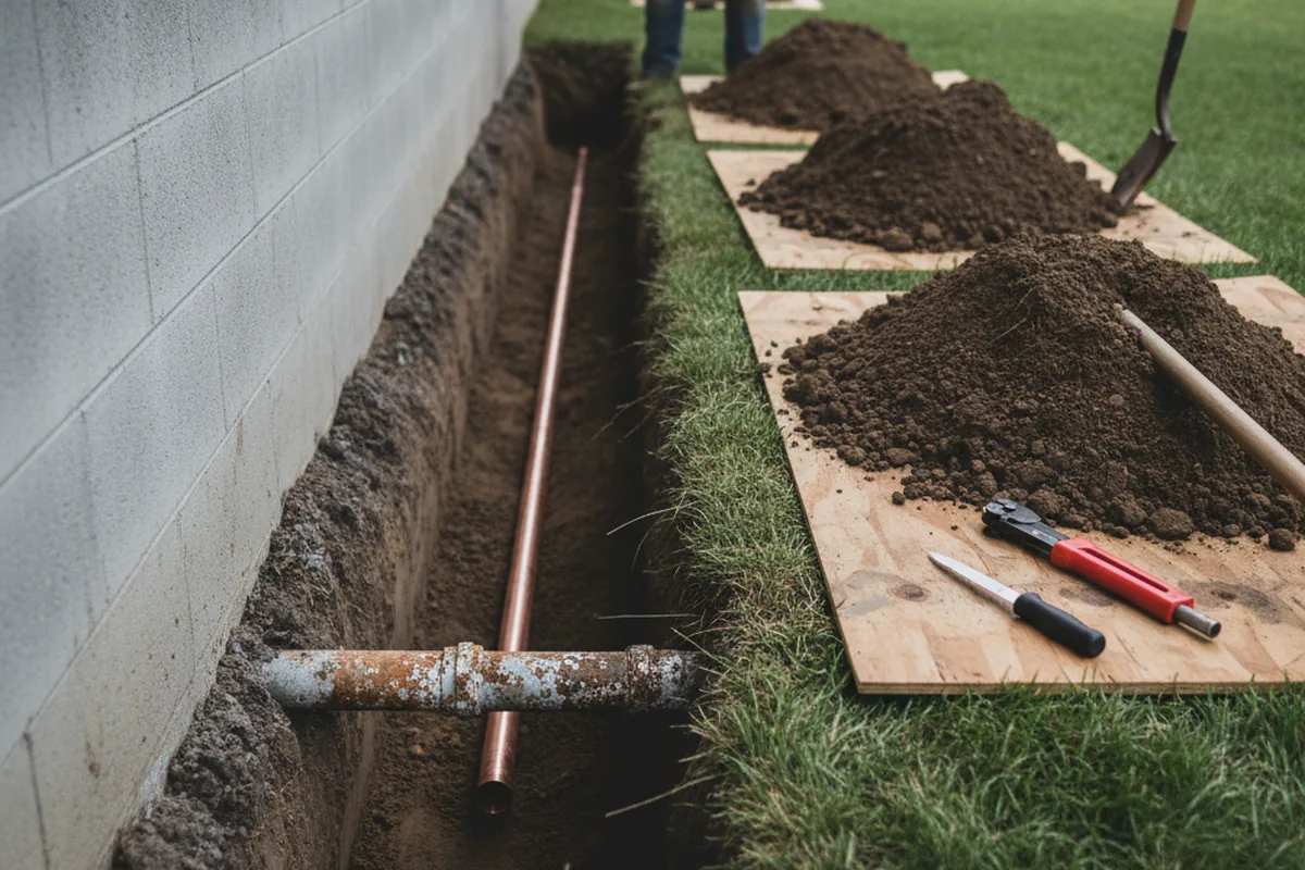 Excavated water line trench during Sewer Line Repair in Spreckels